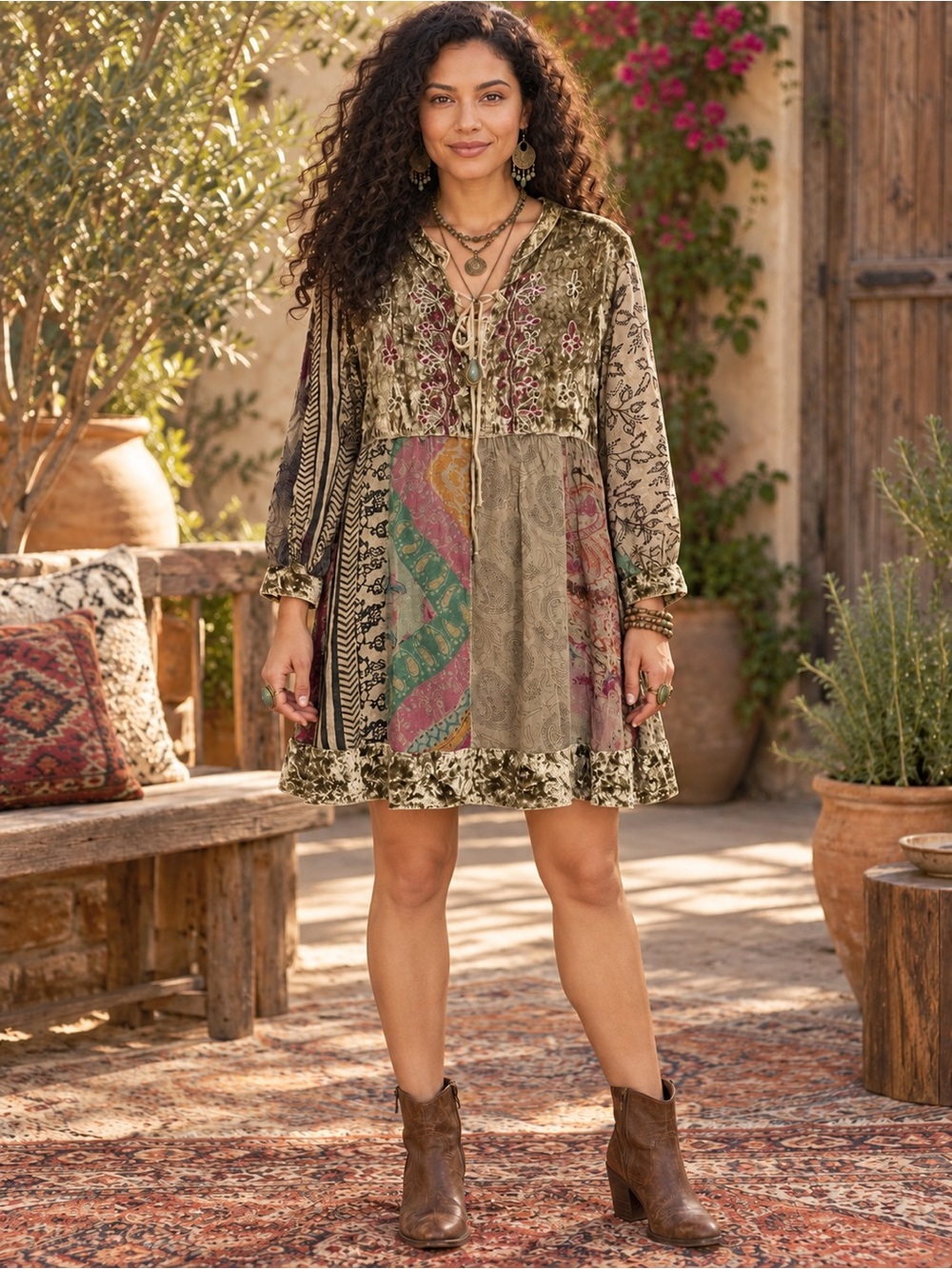 H055 NWT Young Threads L (M) ptp19 Olive Patchwork Dress with Lace-Up Neckline